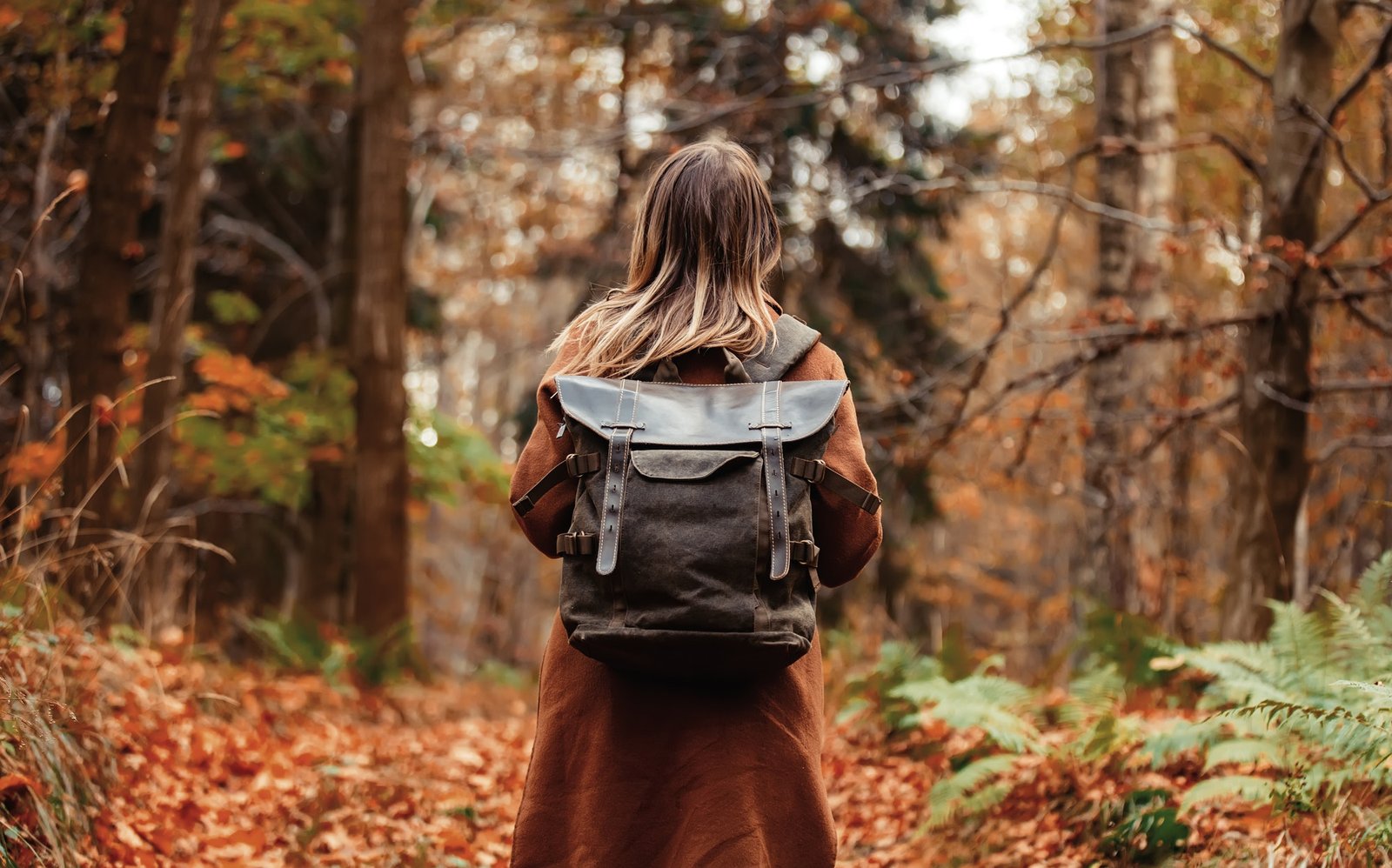 girl with a backpack in the autumn forest